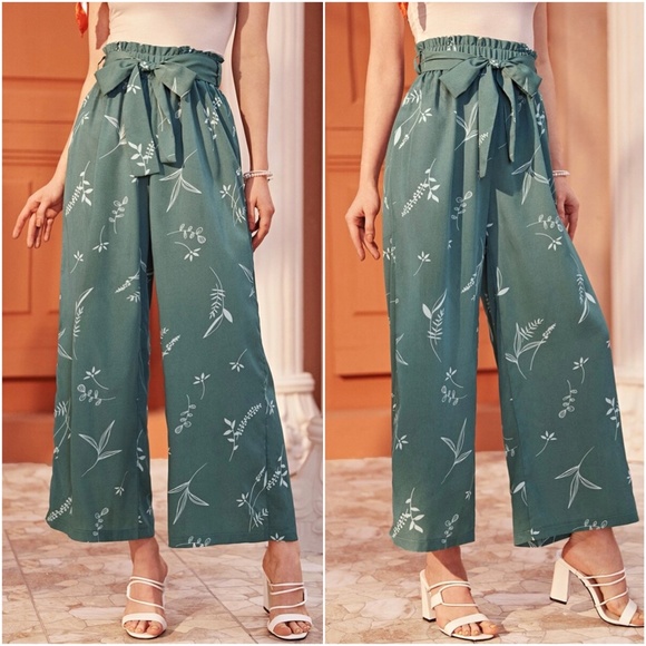 Pants - Boho Floral Print Front Tie Mint Wide leg Pants